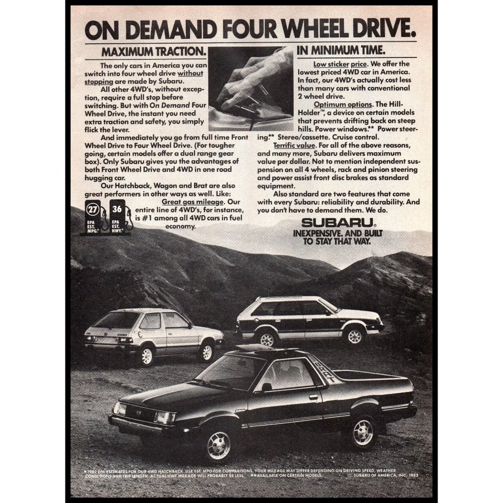 1982 Subaru 4wd Four Wheel Drive Car Lineup Vintage Print Ad Brat Wall Art